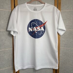 NASA T-shirt Mens Size Large White Space Circle Logo Woof Machi‎ Jersey Retro